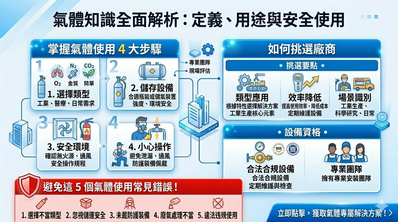 氣體是指在常溫常壓下處於氣態的物質，具有無色、無味、無形的特性，並能自由擴散以填滿所有可用空間。常見的氣體包括氧氣、氮氣和二氧化碳，它們在各行各業中有著廣泛的應用。例如，氧氣是生命必需的氣體，氮氣則常用於工業製程中保護金屬不被氧化。氣體在環境保護、醫療、能源及製造等領域中扮演著重要角色，對現代社會至關重要。